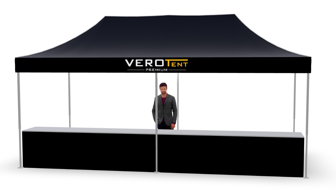 Faltzelt 3x6 m mit Theke auf einer Seite, zweite Ansicht (3D)