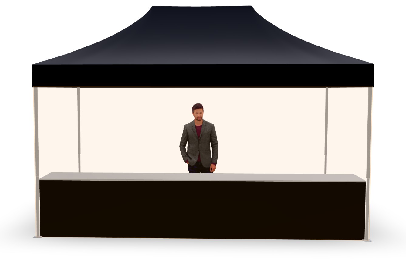 Faltzelt 3x4,5 m mit Theke auf einer Seite, zweite Ansicht (3D)