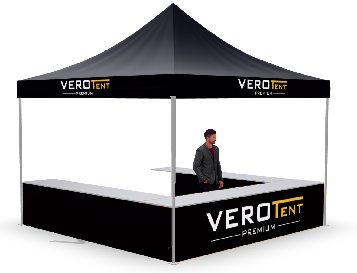 Faltzelt 4x4 m mit Theke in U-Form (3D-Ansicht)