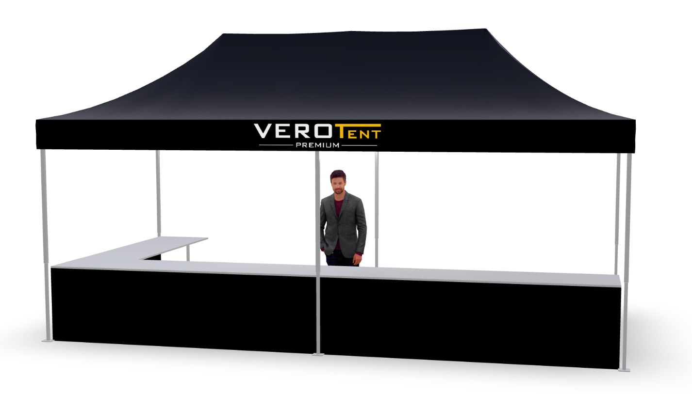 Faltzelt 3x6 m mit Theke in L-Form, zweite Ansicht (3D)