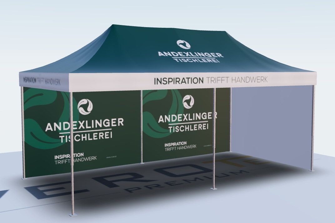 Werbezelt bedruckt im Zeltkonfigurator gestalten Beispiel von unserem Kunden Tischlerei Andexlinger